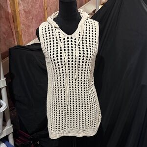 Nicole Miller Cream Open-Knit Hooded Tunic